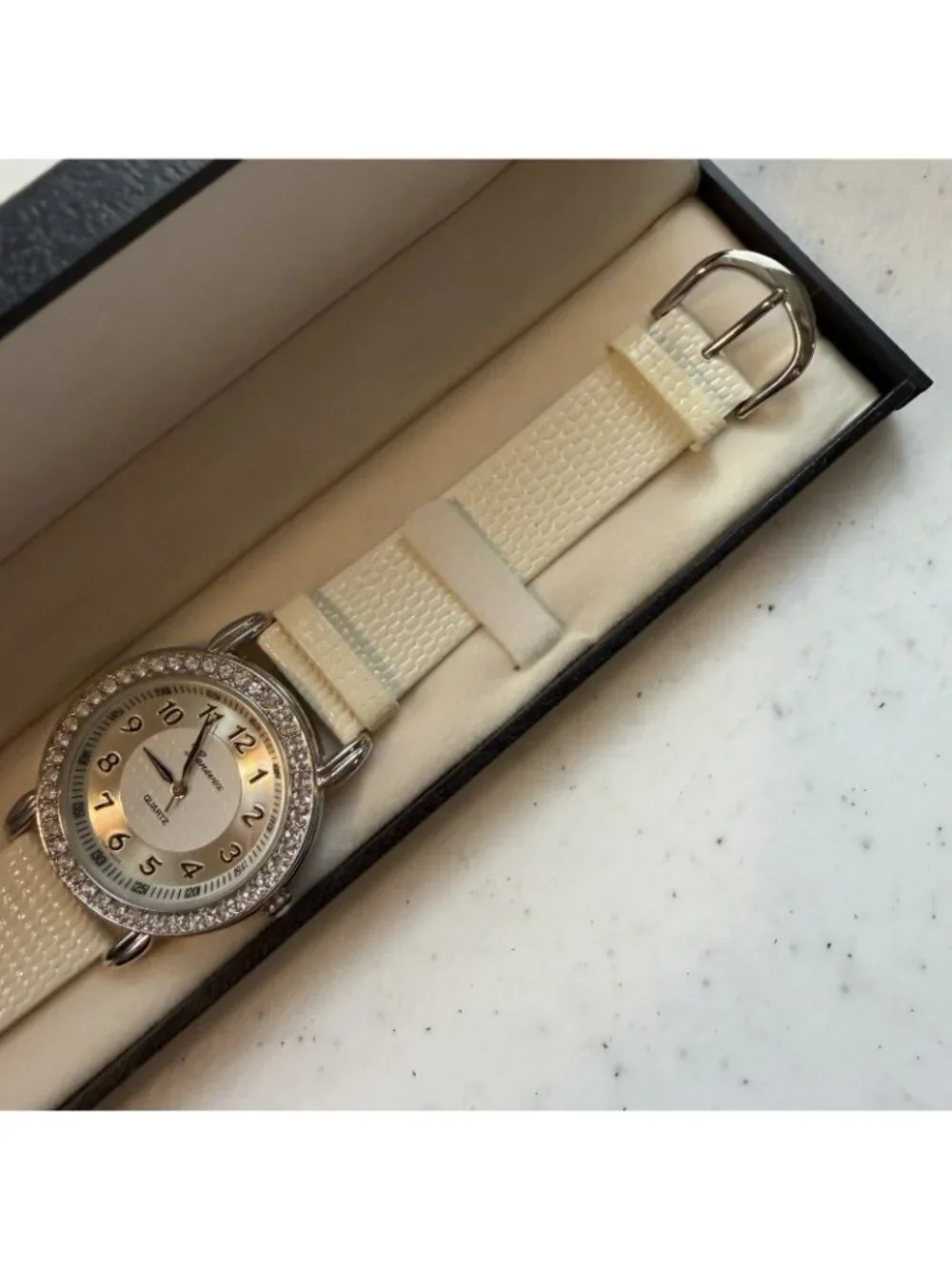 GENEVEX Cubic Zirconia Case MOP Dial ~ White Leather Women’s Watch NWT